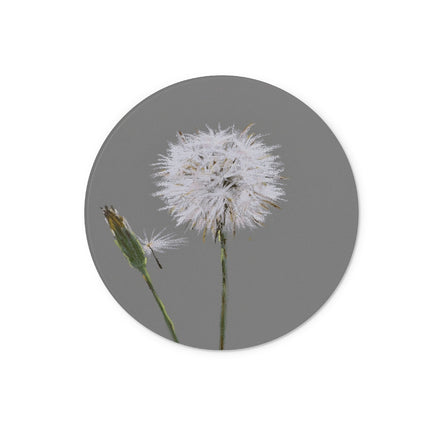 Dandelion seed head art, grey and white round chopping board