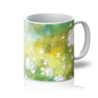 White Dandelion seed heads and seeds art design mugs. Yellow and white.