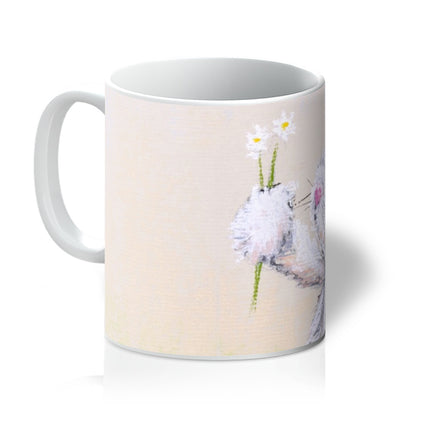 White rabbit and daisy flowers coffee mug