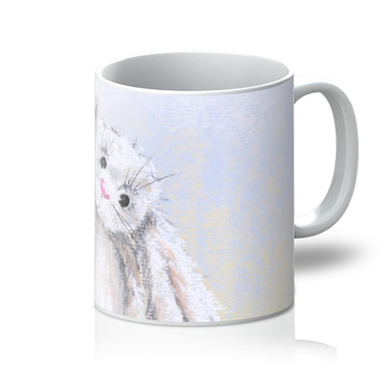 White rabbit art mug. Blue and white coffee mug