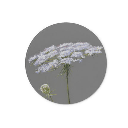 Queen Anne's Lace flower art, grey and white round chopping board