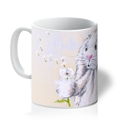 White rabbit and dandelion seed art mug