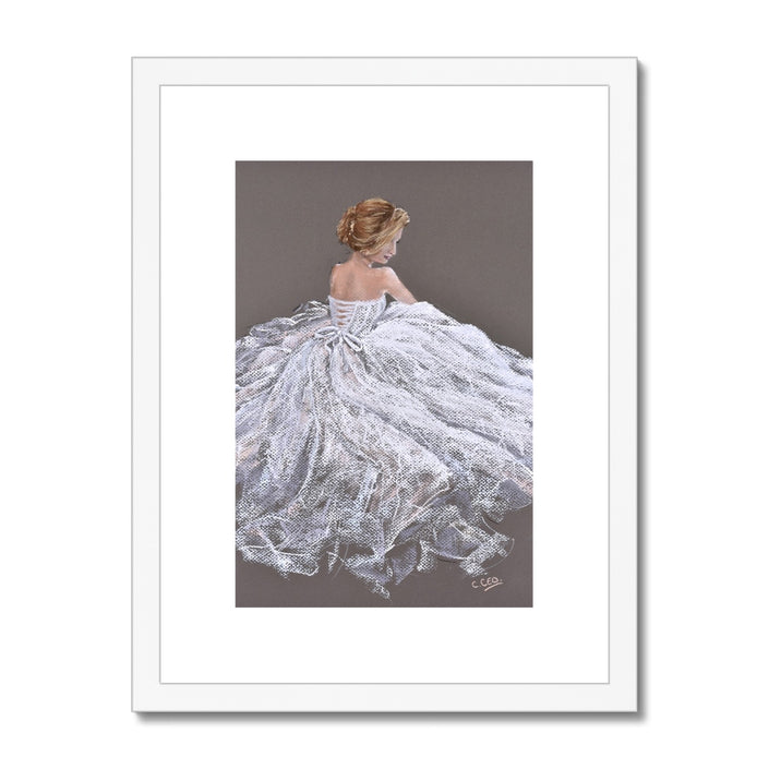 Beautiful woman in a white dress artwork. Fine art print in white frame with white matt