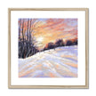 Snowy winter landscape at sunset painting. Square fine art print in natural frame with white mount.