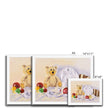 Teddy bear, a white fluffy bunny toy and Christmas Baubles, fine art prints in white frame. Different sizes