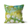 Dandelion artwork design scatter cushion. Square. Beach-house linen. White, yellow and green