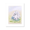 Adorable white flopsy rabbit watering the daisies with a little blue watering can, fine art print for the nursery