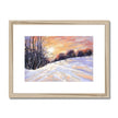 Snowy winter landscape at sunset painting. Fine art print in natural frame with white mount. Landscape orientation