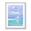 White sail boat summertime painting. Fine art print in silver frame with white mount.