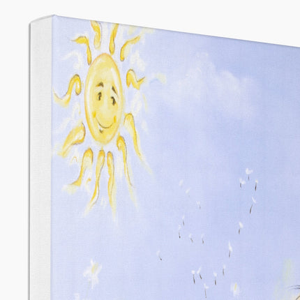 White flopsy bunny rabbit, sunshine and meadow flowers canvas art print. Top corner detail showing the white wrap.