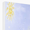 White flopsy bunny rabbit, sunshine and meadow flowers canvas art print. Top corner detail showing the white wrap.