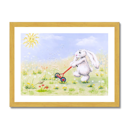 White rabbit, and flowers nursery fine art print with white border in a gold frame. Landscape format.