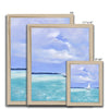 White Sailboat on calm turquoise ocean painting. Nautical art prints in natural frame. Different sizes