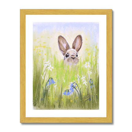 Rabbit and meadow flowers. Art print in a gold frame.