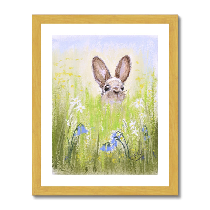 Rabbit and meadow flowers. Art print in a gold frame.