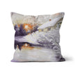 Snowy winter landscpae at sunset, delicate decorative cushions. Square