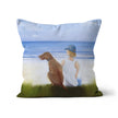 A Boy and His Dog at the beach, artwork sofa cushion. Square, Linen fabric cushion