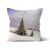 Delicate winter landscape with little fir trees covered in snow, art throw cushion. Faux suede fabric