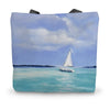 Blue and white sailboat design tote