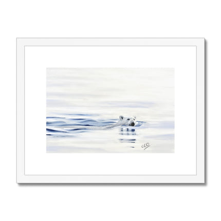 Polar Bear swimming, wall art. Realism fine art print in white frame and white matt. 