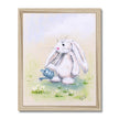 Adorable white rabbit watering the daisies with a little blue watering can, nursery art print in a natural frame