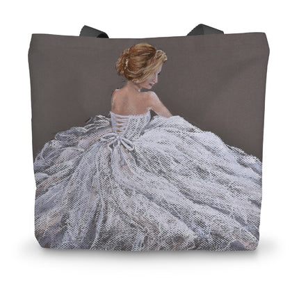 Elegant art canvas tote bag. Lady in white dress artwork, ladies shopping tote.