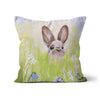 Brown Rabbit peeping over the meadow flowers and grasses artwork design. Square throw cushion. Beach-house linen