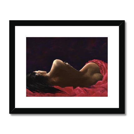 Lady in Red painting. Fine art print in black frame with white mount.