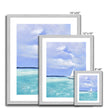 Small white sailing boat on calm sea artwork prints in silver frame with white mount. Portrait orientation. Different sizes.