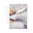 Snow covered village landscape artwork, greeting card. Portrait orientation