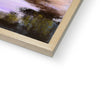 Marshland sunset artwork framed print. Natural light wooden frame corner detail