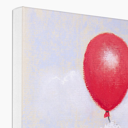 Rabbit and red balloon nursery canvas art print. Close up. Corner detail.