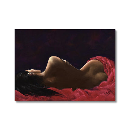 Beautiful young woman draped in red velvet painting. Fine art canvas print. Ready to hang.