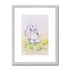 Adorable rabbit and dandelions artwork print in silver frame with white mount