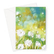 Fluffy white dandelion seeds heads art greeting card, portrait format