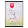 Rabbit and balloon nursery fine art canvas print in a modern black picture frame. Portrait format