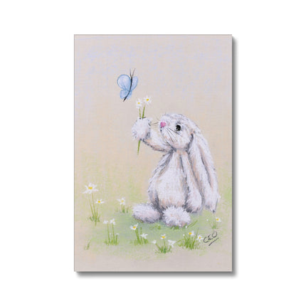 Adorable white rabbit canvas art print. Ideal for nursing or kids room. Eco and Vegan-friendly art print.