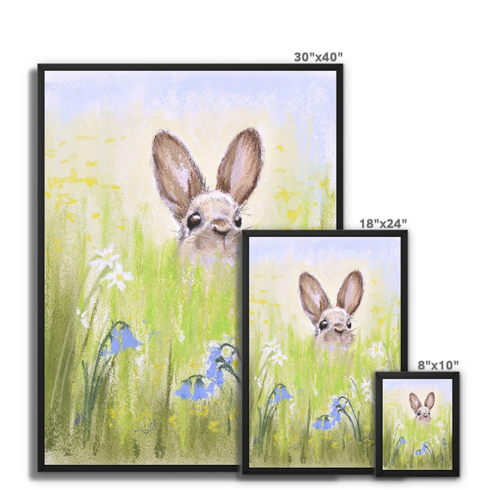 Brown Rabbit peeping over the meadow flowers canvas art prints with black picture frame. Different Sizes. Ready to hang 