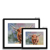 Scottish Highland Cow painting, fine art prints in black frame with a white mount. Different sizes