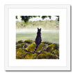 Black cat surveying the misty landscape, painting. Fine art print in a white frame with white mount. Square