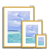 Small white sailing boat on calm sea artwork prints in gold frame with white mount. Portrait orientation. Different sizes.