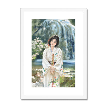 Beautiful young woman wearing a Japanese Kimono. Fine art print with white frame. A3 size