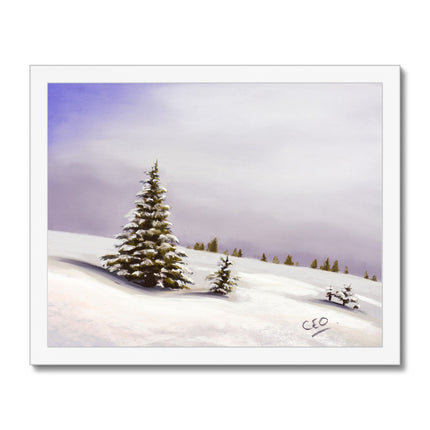 Winter landscape with trees covered in snow, fine art print in a white frame