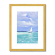 Small white sailing boat on calm sea artwork print in gold frame with white mount. Portrait orientation.