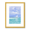 Small white sailing boat on calm sea artwork print in gold frame with white mount. Portrait orientation.