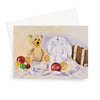 Golden brown teddy bear and white fluffy rabbit soft toys surrounded by baubles, art greeting card. Landscape orientation