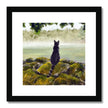 Black cat surveying the misty landscape, painting. Fine art print in a black frame with white mount. Square