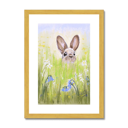 Cute Rabbit and meadow flowers, fine art print in a gold frame with white mount