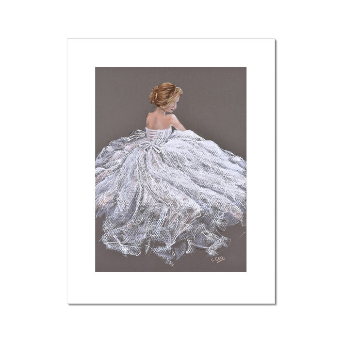 Beautiful seated young woman in white dress painting. Fine art print with white border.