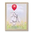 Adorable rabbit and red balloon, nursery framed fine art print in a natural frame.